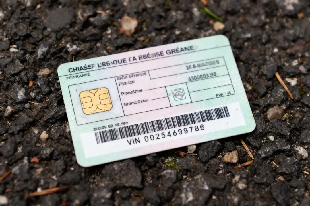 Carte grise sur bitume montrant le numéro VIN de carte grise complet et visible