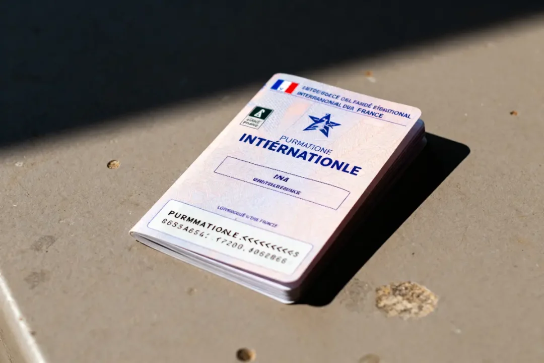 Permis international de conduire posé sur une surface extérieure ensoleillée