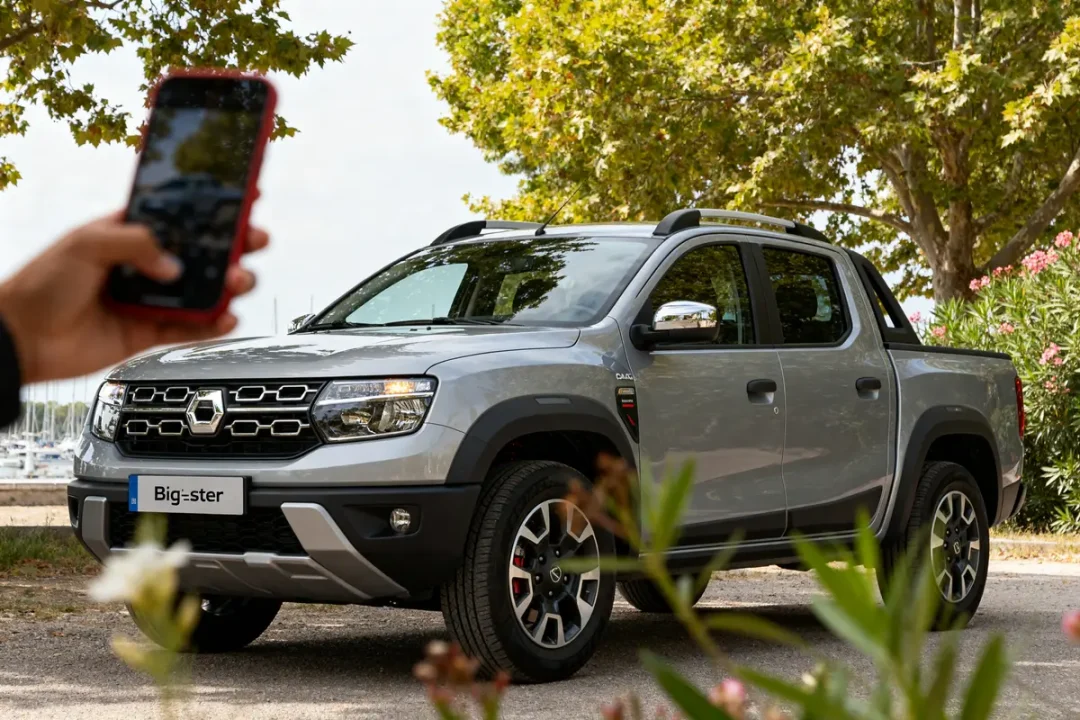 Homme photographiant un SUV gris stationné sous des arbres prix du Dacia Bigster