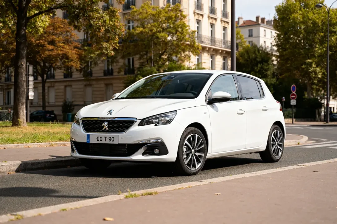 Voiture blanche garée devant un immeuble, moteur 1.0 tce 90, par une journée ensoleillée