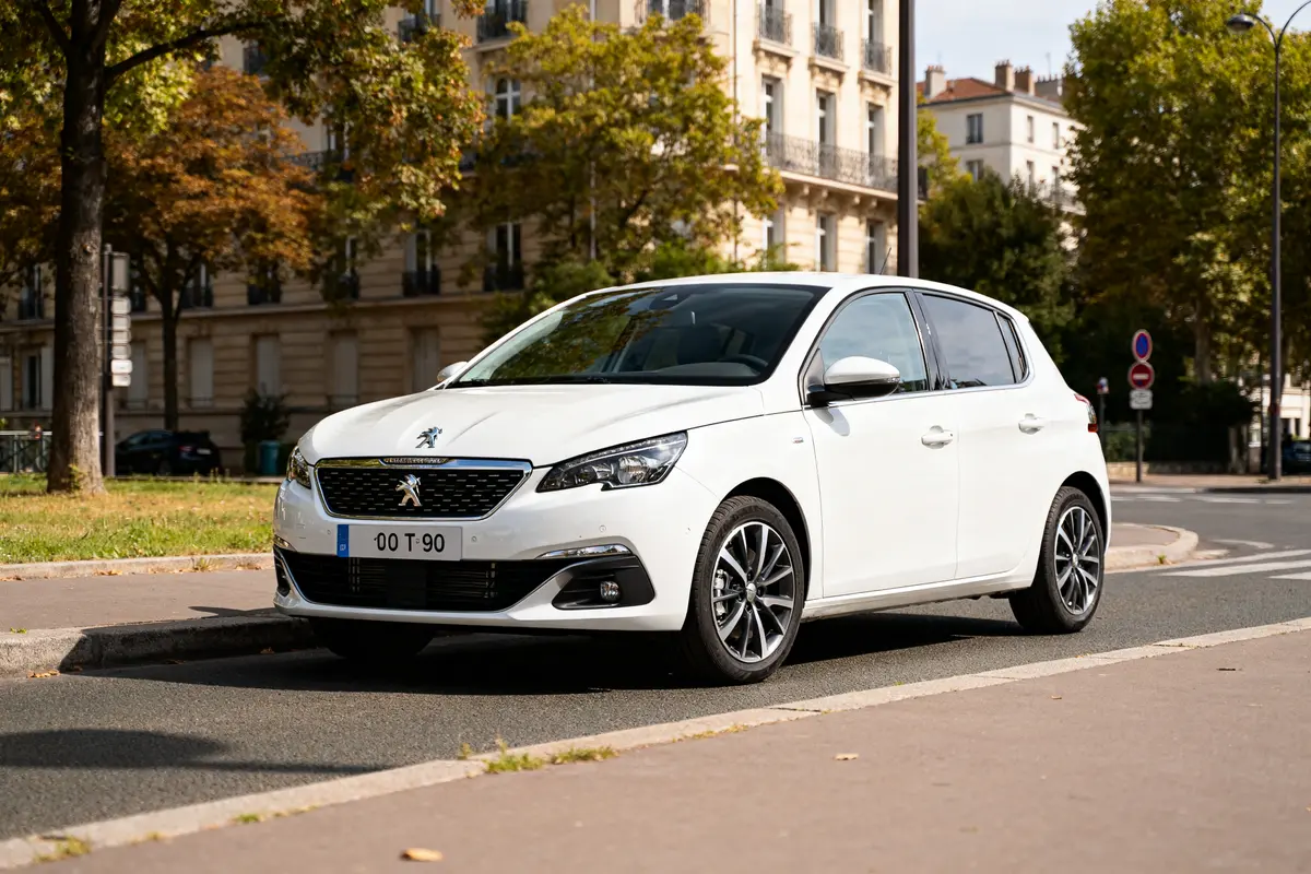 Voiture blanche garée devant un immeuble, moteur 1.0 tce 90, par une journée ensoleillée