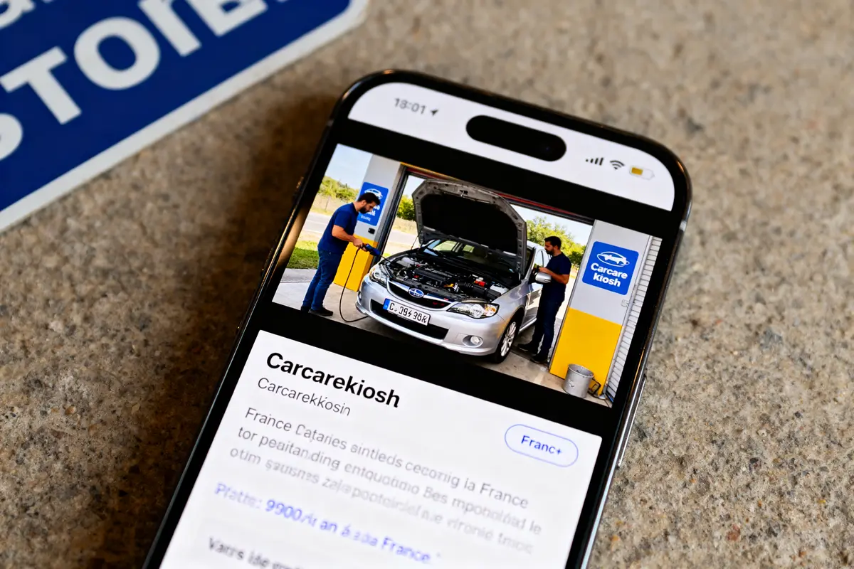 Téléphone affichant Carcarekiosk pour l'assistance automobile, montrant un service de réparation voiture.