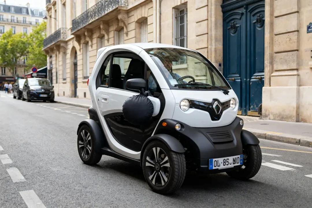 Petite voiture électrique Mobilize Duo roulant en ville devant bâtiments historiques