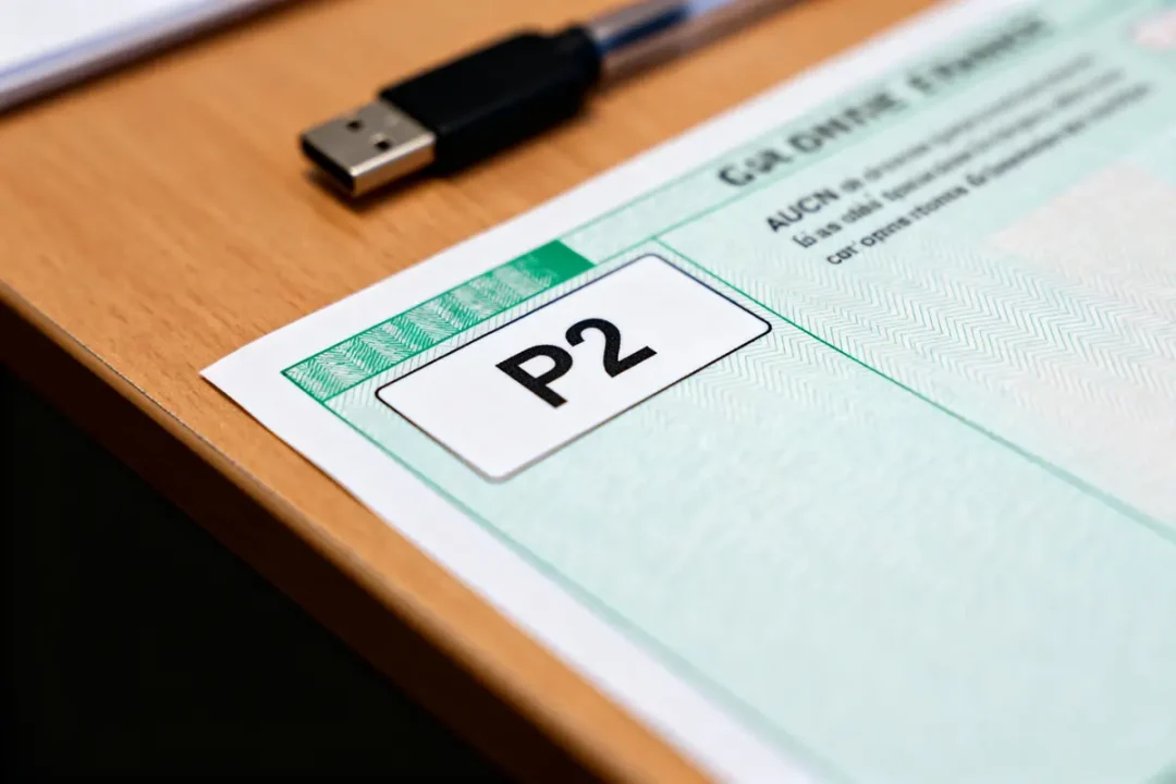 Gros plan d'une carte grise avec la section P2 en évidence sur un bureau