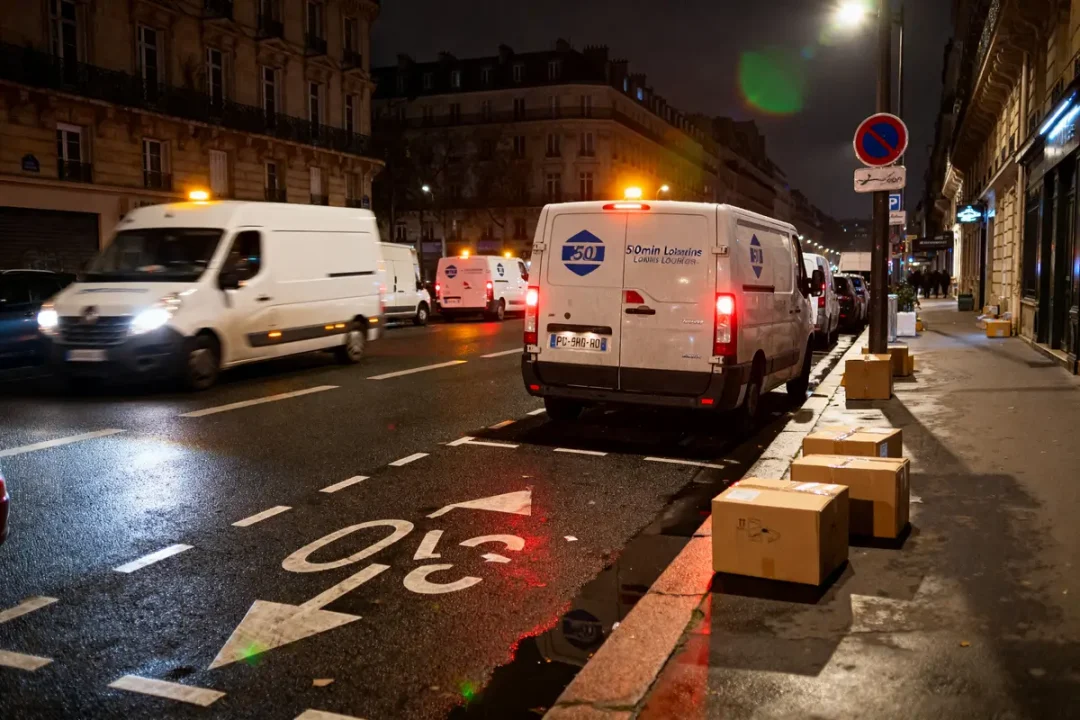 Rue nocturne à Paris avec camionnettes et cartons sur place livraison active.