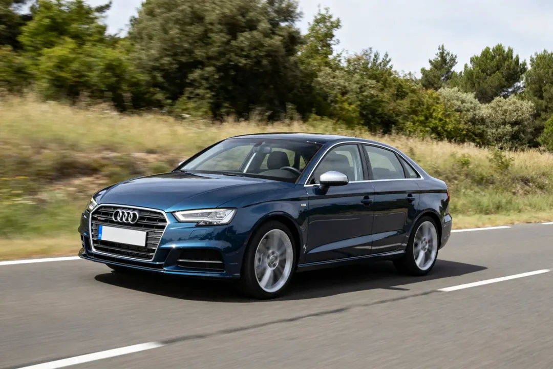Voiture bleue Audi A3 roulant sur une route arborée en extérieur journée.