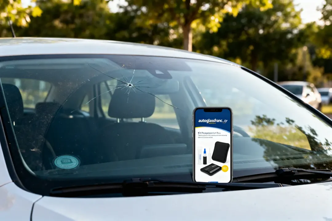 Voiture avec pare-brise fissuré et smartphone affichant autoglassfrance.fr accessoires de réparation.
