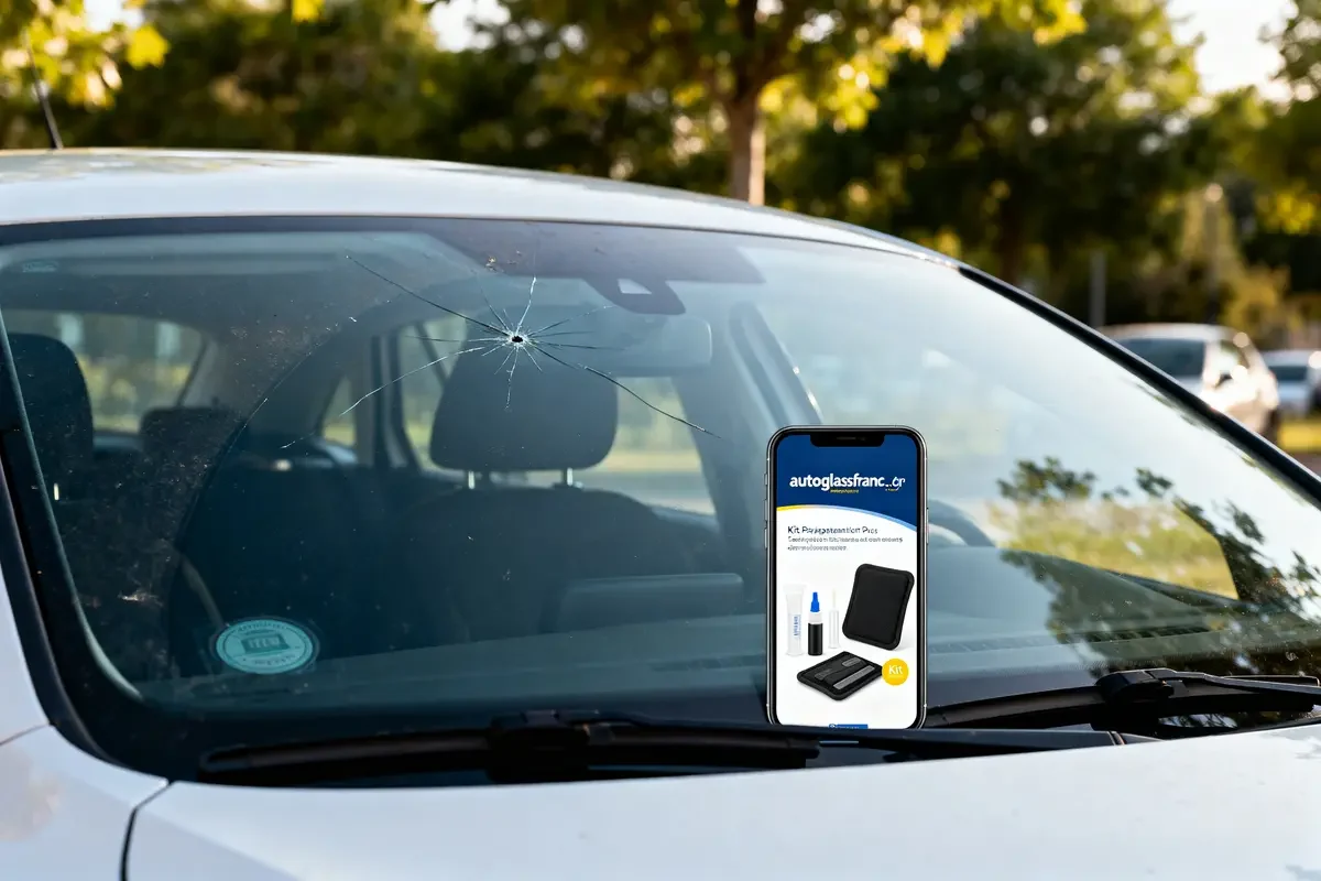 Voiture avec pare-brise fissuré et smartphone affichant autoglassfrance.fr accessoires de réparation.