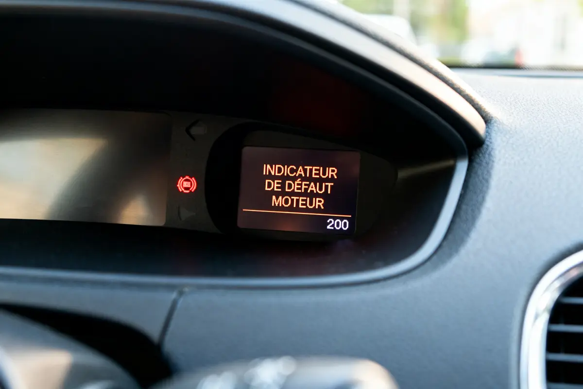 Indicateur de défaut moteur 208 affiché sur écran de tableau de bord voiture