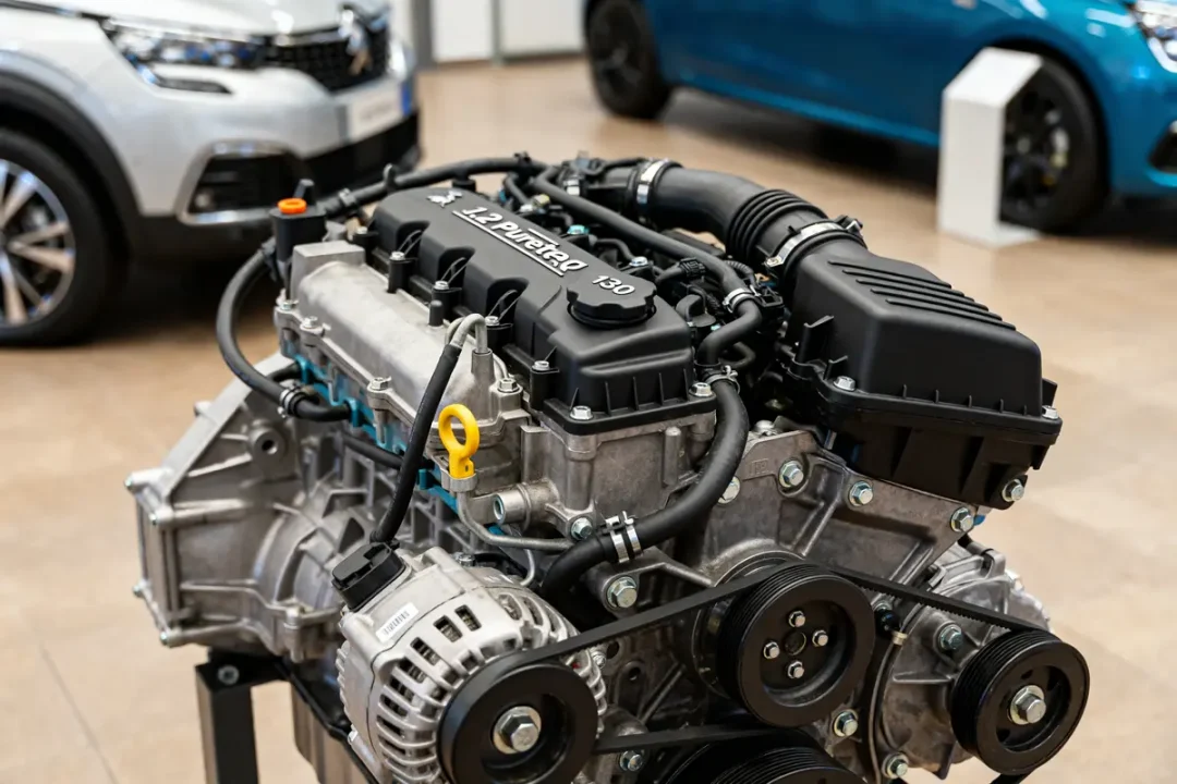 Moteur 1.2 PureTech 130 exposé, soulignant sa durée de vie et fiabilité mécanique.