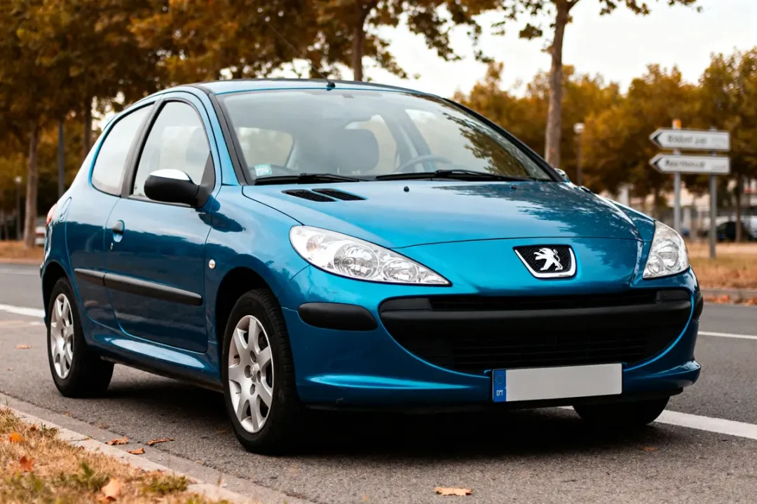 Voiture hatchback Peugeot 206 bleue garée sur une route bordée d'arbres