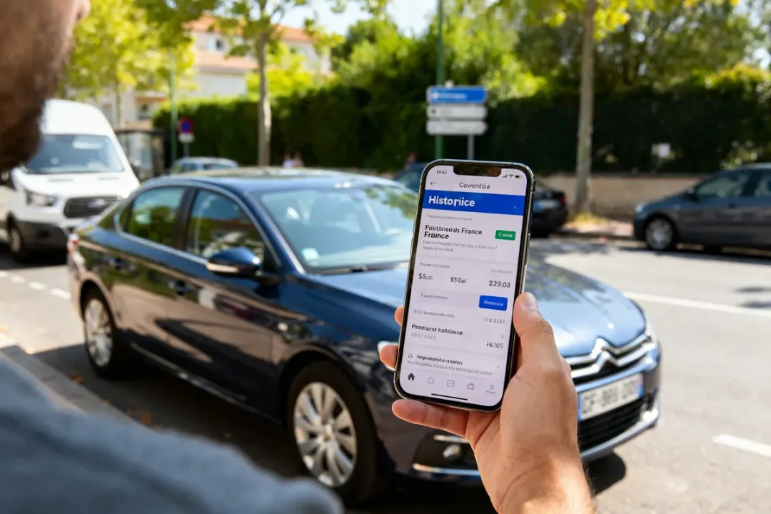 Personne vérifiant l'historique voiture sur smartphone devant un modèle Citroën stationné