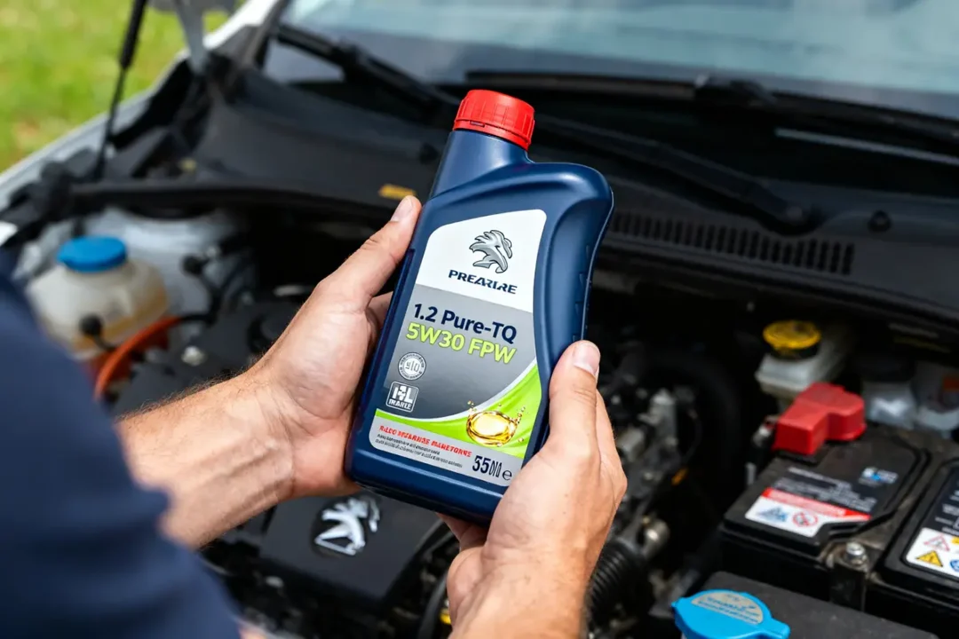 Homme tenant bouteille d'huile moteur 1.2 puretech devant moteur de voiture