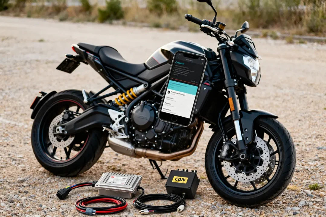 Moto MT 07 avec kit débridage visible et smartphone pour réglages électroniques