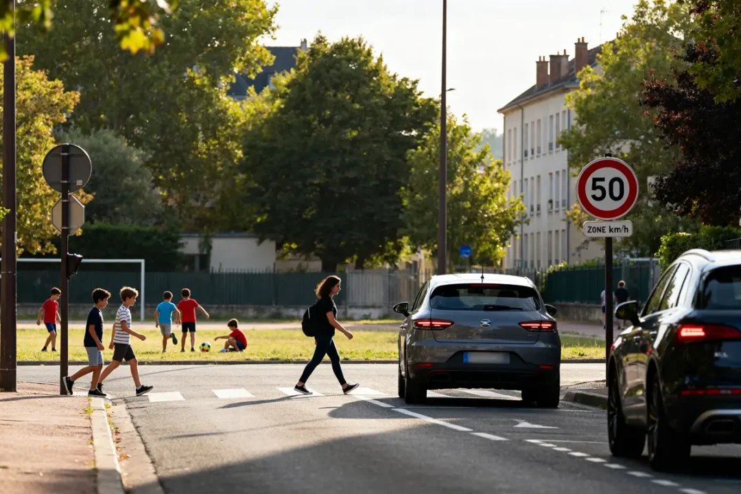 Panneau de limitation de vitesse en 2025 près de passants et d'enfants jouant au parc