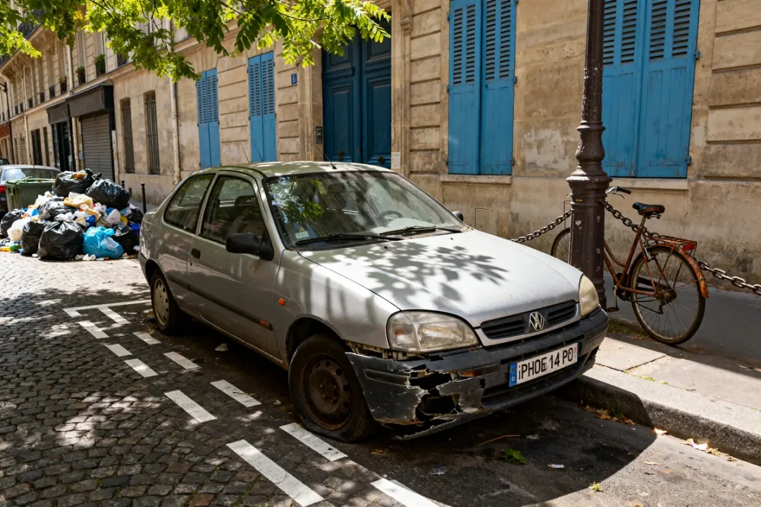 Voiture usée garée illégalement devant déchets, risque de mise en fourrière sans pv