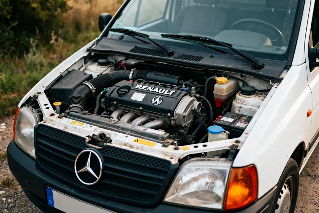 Capot ouvert d'une voiture montrant un moteur Renault Mercedes dans un véhicule Mercedes blanc