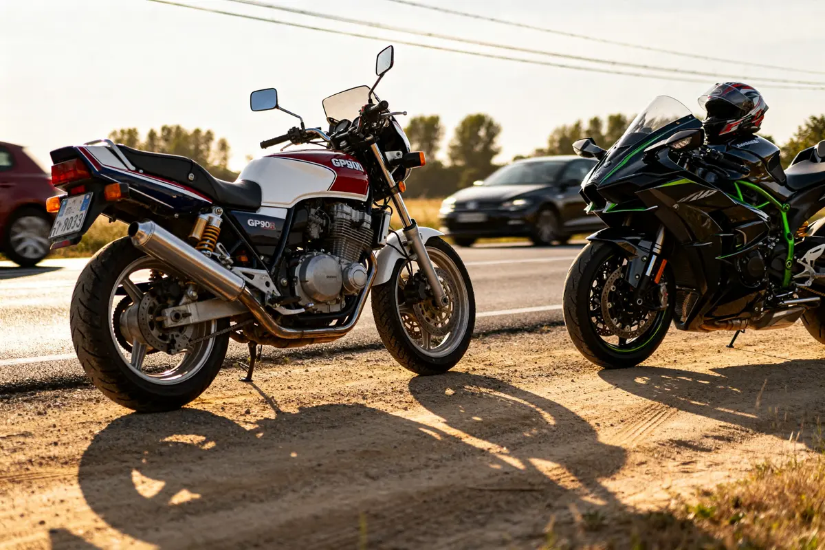 Deux motos sur le bord de la route, dont une ressemble à la motorcycle in Top Gun