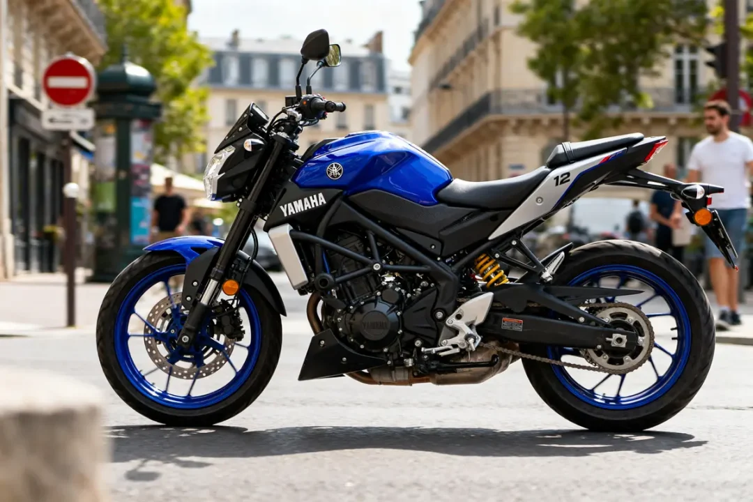 Moto Yamaha bleue mt125 garée en ville sur une route pavée en arrière-plan urbain