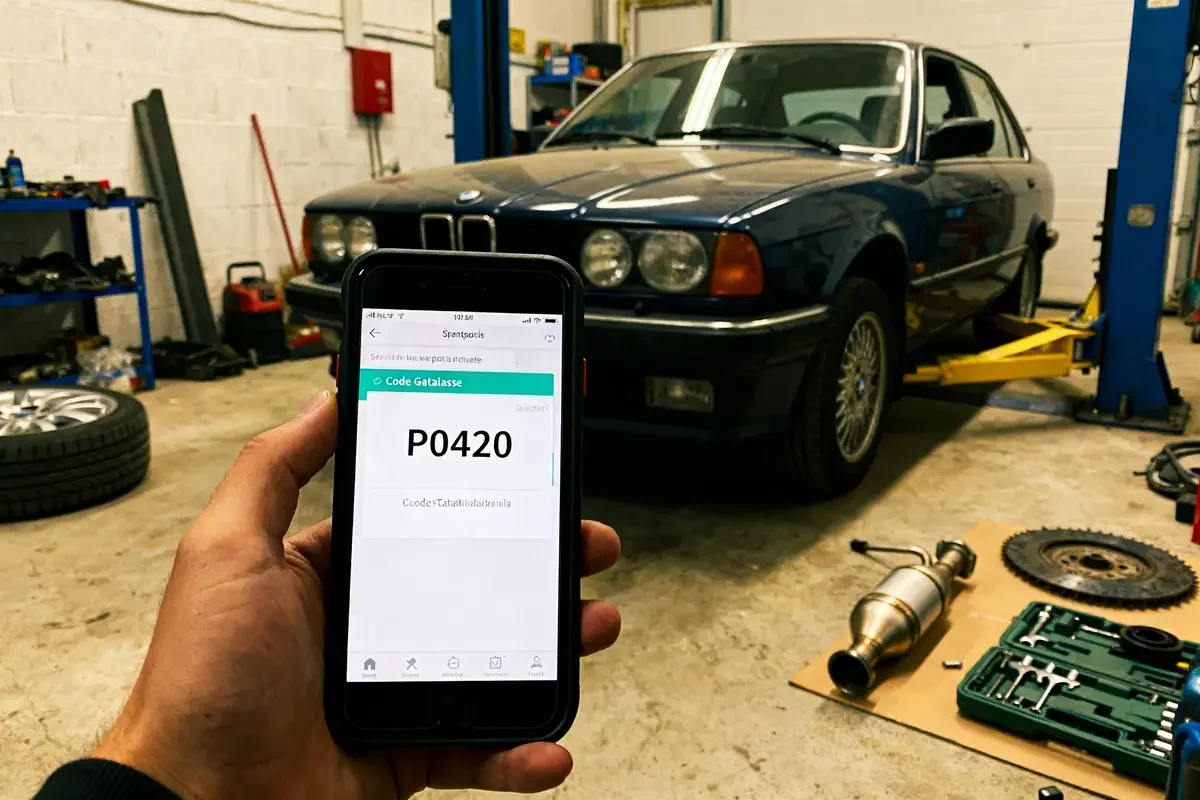 Un garagiste diagnostique une voiture avec le code d'erreur p0420 dans l'atelier mécanique