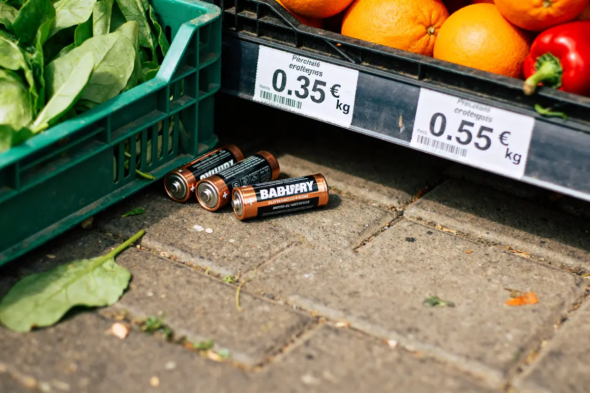 Des piles tombées devant fruits avec pancarte indiquant prix des batteries au kilo