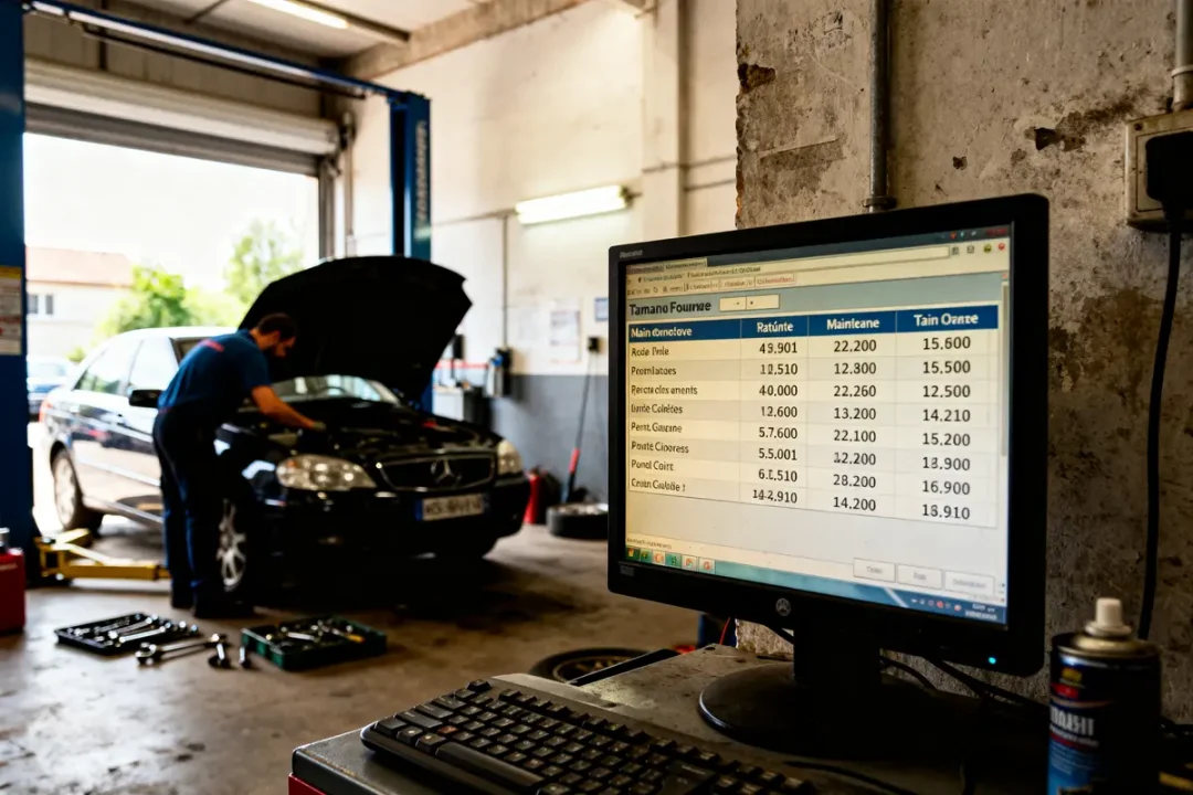 Mécanicien répare voiture dans garage avec écran affichant prix main d'œuvre garage détaillés