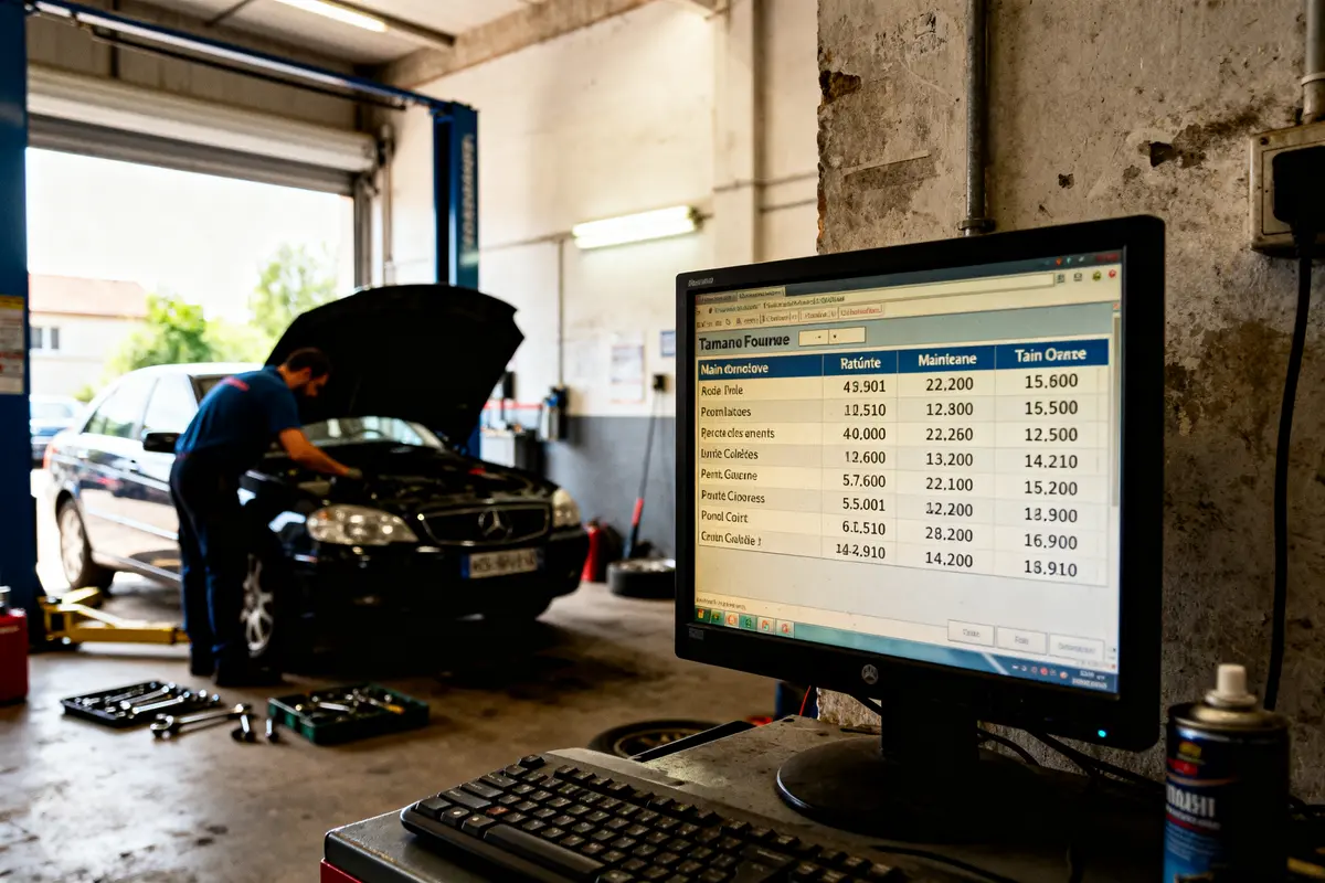 Mécanicien répare voiture dans garage avec écran affichant prix main d'œuvre garage détaillés