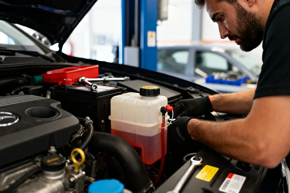 Mécanicien effectuant un remplacement liquide de frein dans le moteur d'une voiture ouverte