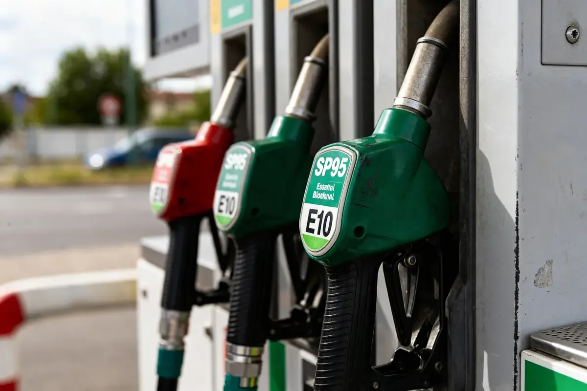 Pompes à essence avec étiquettes SP95 E10 en station-service ensoleillée.