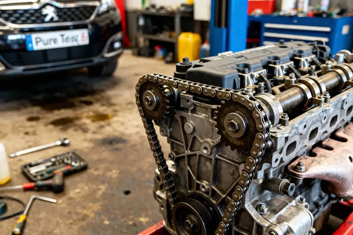 Gros plan moteur atelier mécanique 1.6 PureTech avec voiture Peugeot à l'arrière-plan