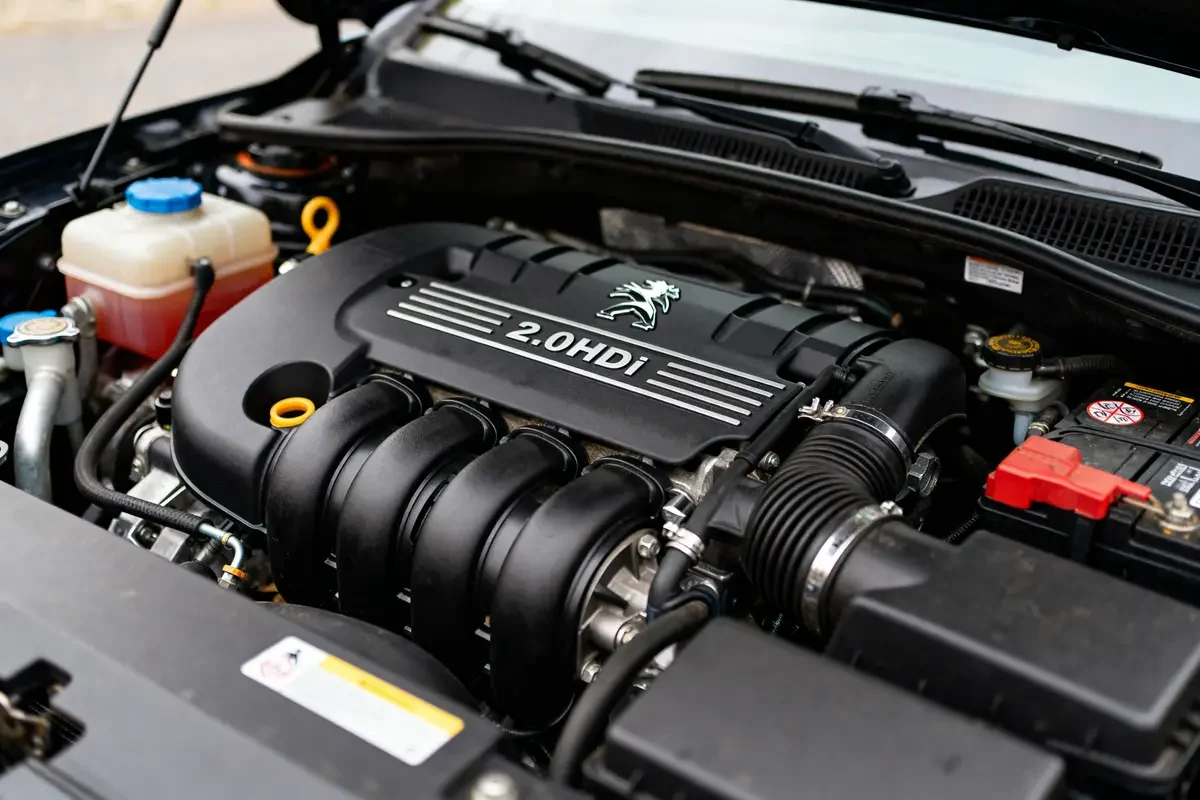 Moteur diesel de voiture avec badge Peugeot 2.0 HDi visible sous le capot ouvert