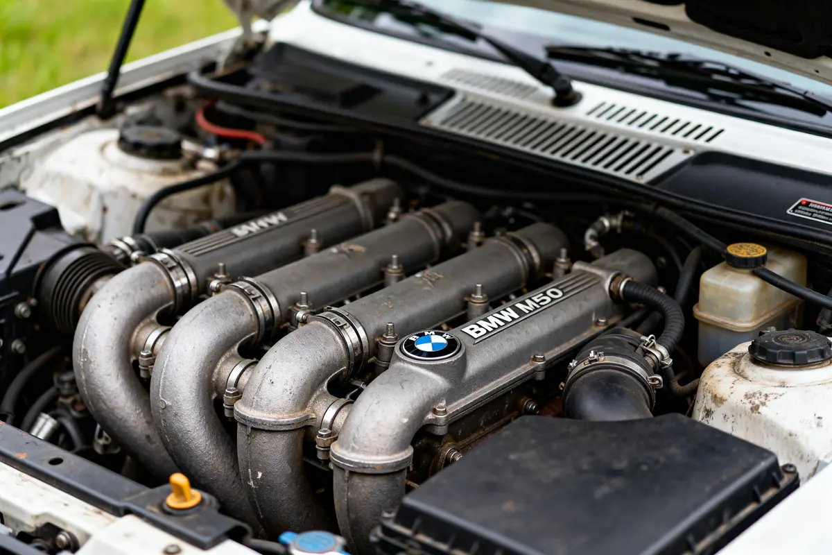 Moteur BMW M50 sous le capot d'une voiture, avec composants mécaniques visibles