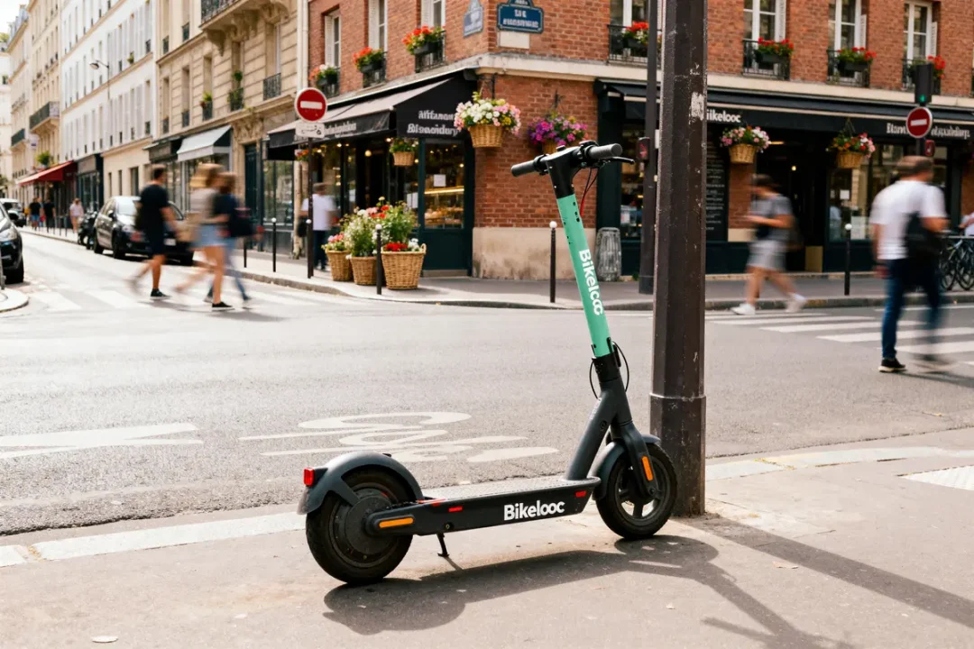 Trottinette électrique Bikeloc Moto stationnée devant une boulangerie urbaine animée