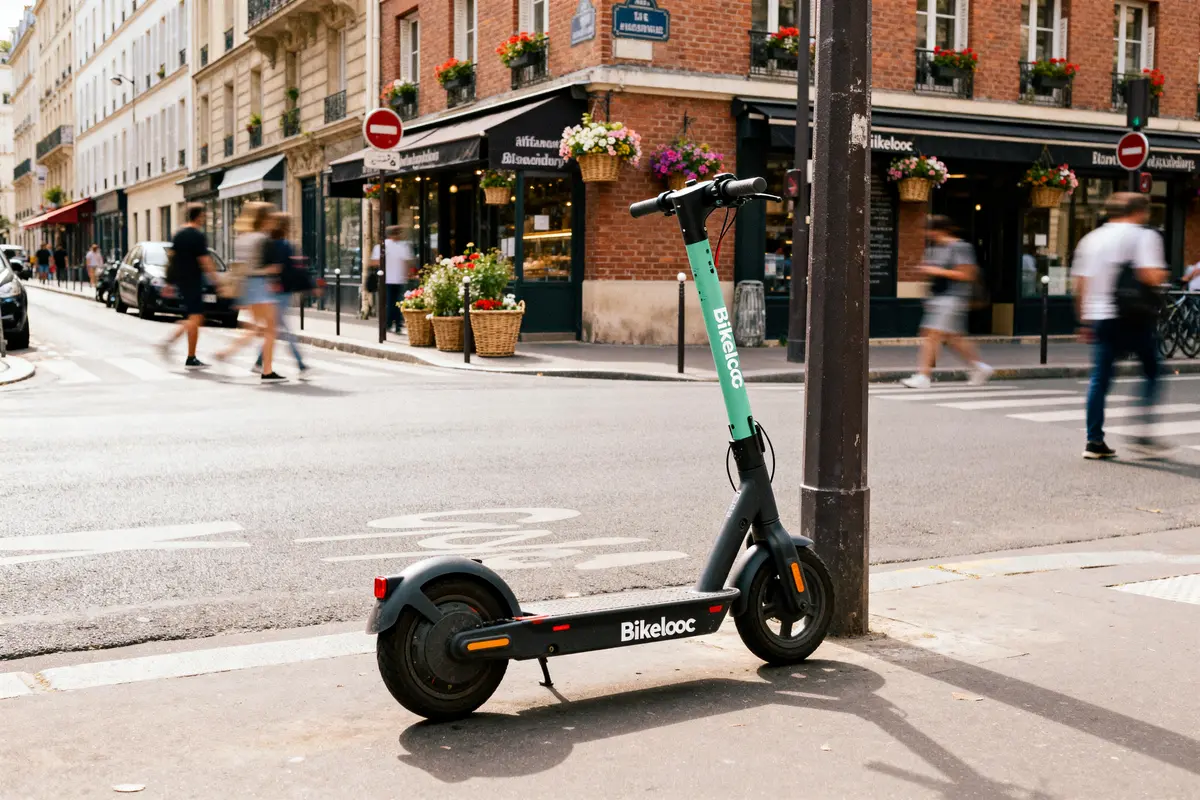 Trottinette électrique Bikeloc Moto stationnée devant une boulangerie urbaine animée