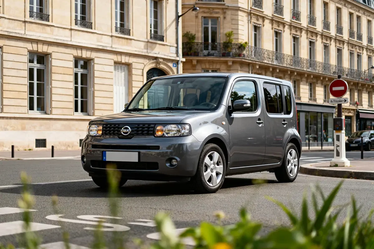 Voiture Nissan Cube grise sur une rue parisienne avec immeubles historiques en arrière-plan