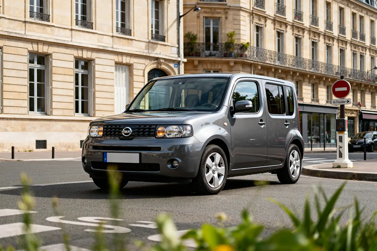 Voiture Nissan Cube grise sur une rue parisienne avec immeubles historiques en arrière-plan