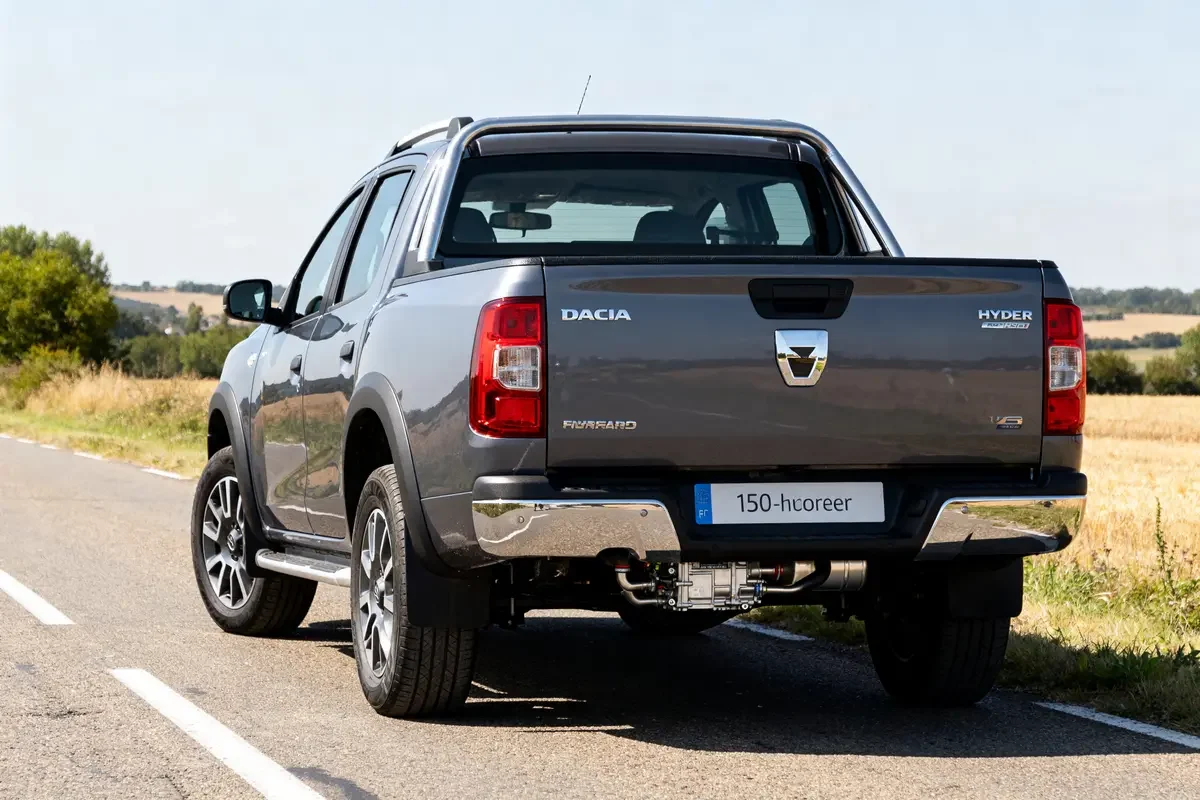 Vue arrière d'un pick-up Dacia sur route de campagne ensoleillée