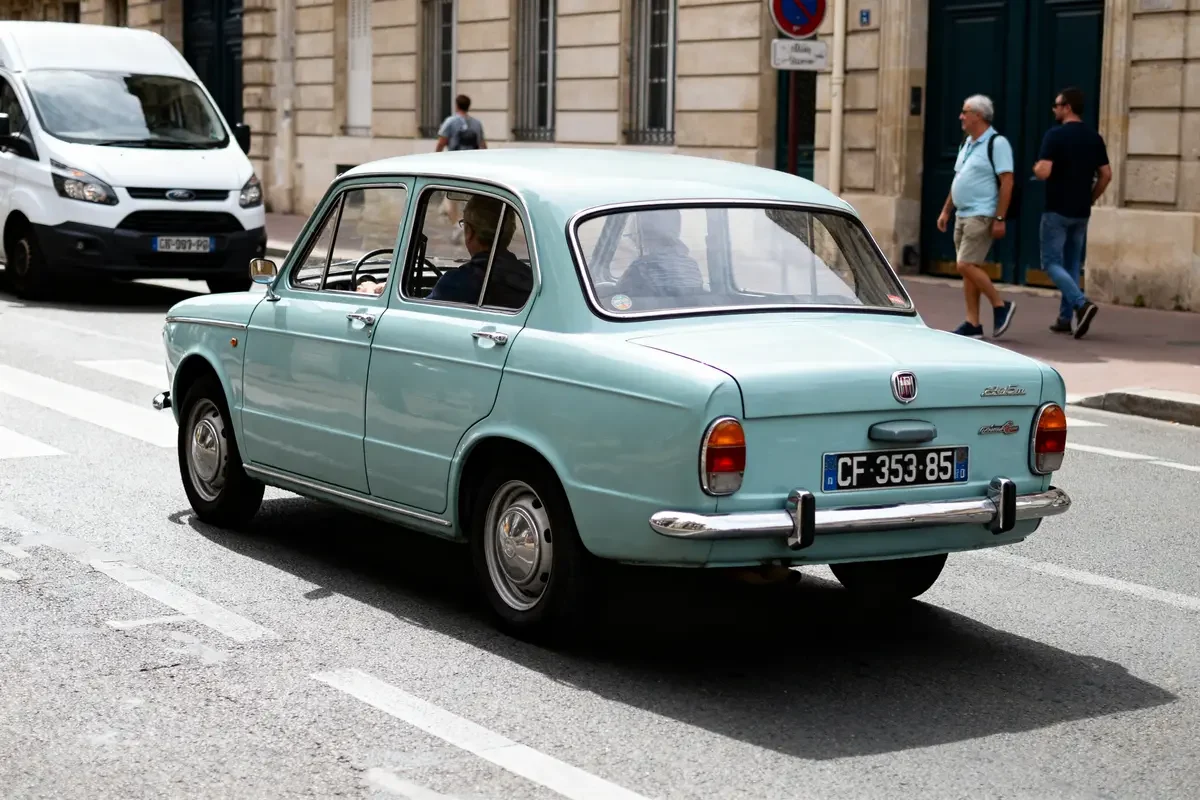 Voiture Fiat 850 Sedan bleue circulant en ville avec passagers et rues pavées alentours