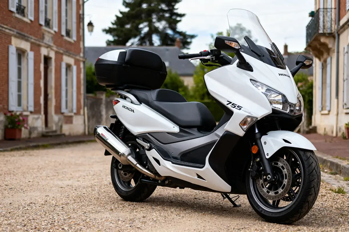 Scooter blanc Honda Forza 750 garé dans une rue pavée devant maisons en brique.