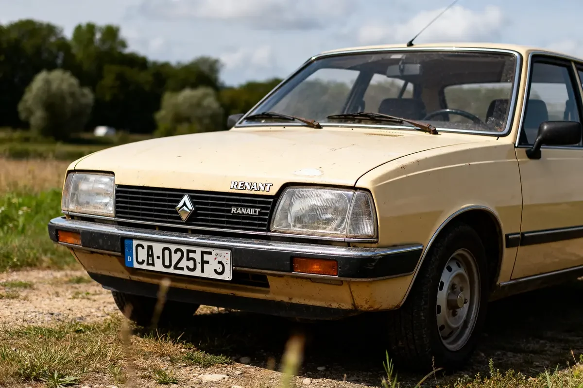 Voiture Renault 1525F3 ancienne beige stationnée dans un champ vert et ciel bleu
