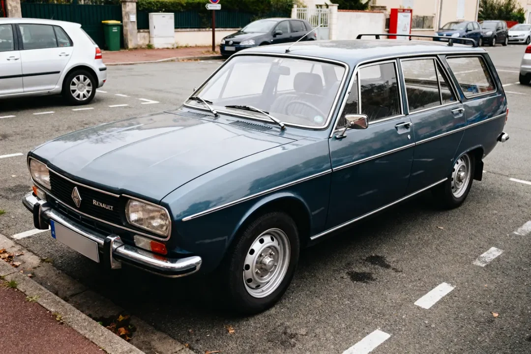 Voiture Renault 18 break bleu garée sur une rue résidentielle en journée