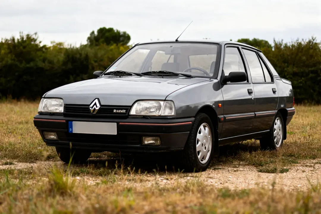 Renault 21 Sedan grise stationnée sur un chemin de campagne entouré d'arbustes