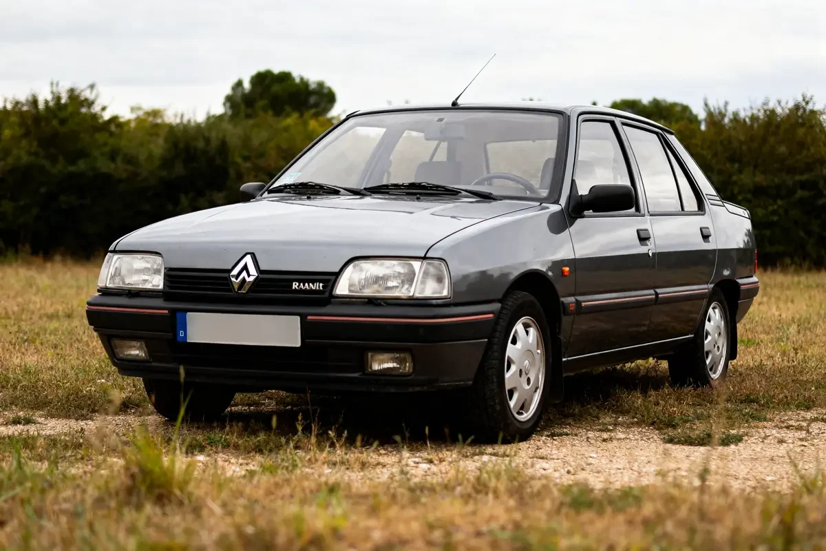 Renault 21 Sedan grise stationnée sur un chemin de campagne entouré d'arbustes