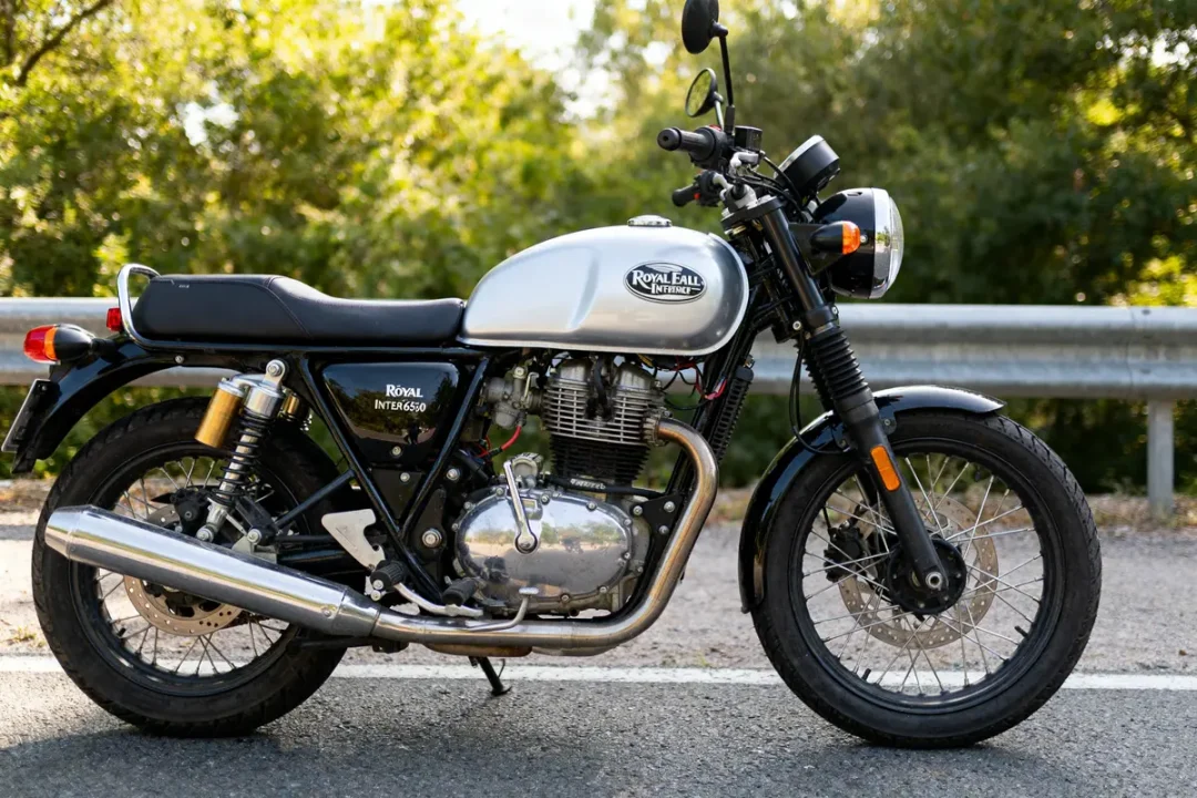Moto Royal Enfield Interceptor 650 stationnée, problèmes mécaniques éventuels à surveiller