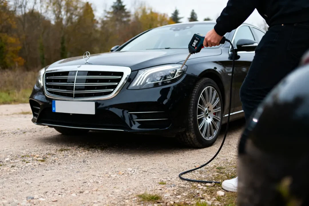 Voiture Mercedes branchée à un testeur d'étanchéité d'air compressé par SRS Benz
