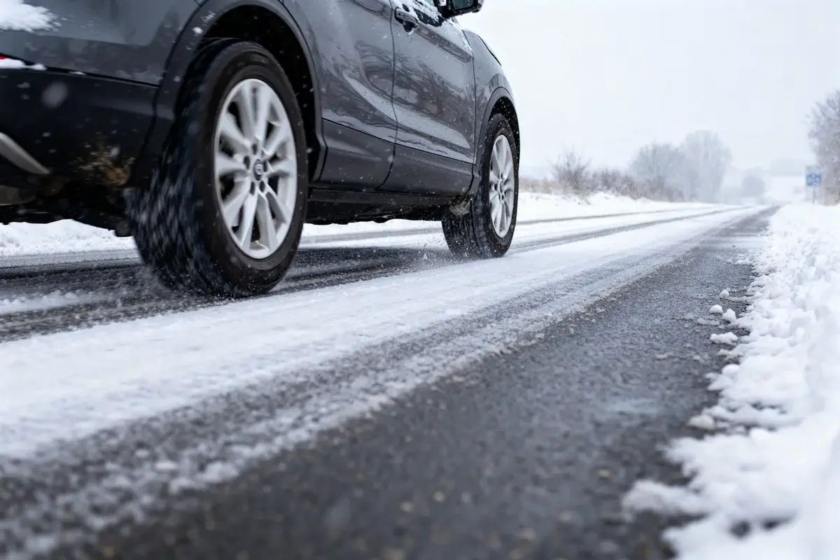 Voiture roulant sur route enneigée, respectant la réglementation antidérapante pour sécurité accrue