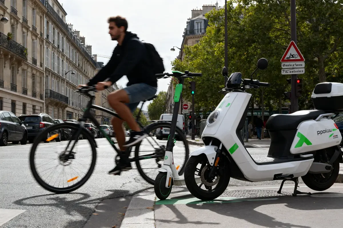 Cycliste passant devant des motos en libre-service Atoocycles stationnées dans une rue parisienne
