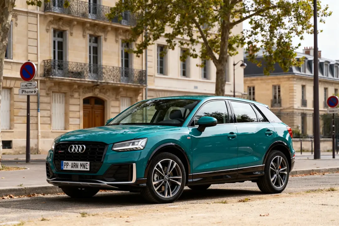 Voiture Audi Q2 d'occasion turquoise stationnée devant immeubles anciens sur rue bordée d'arbres