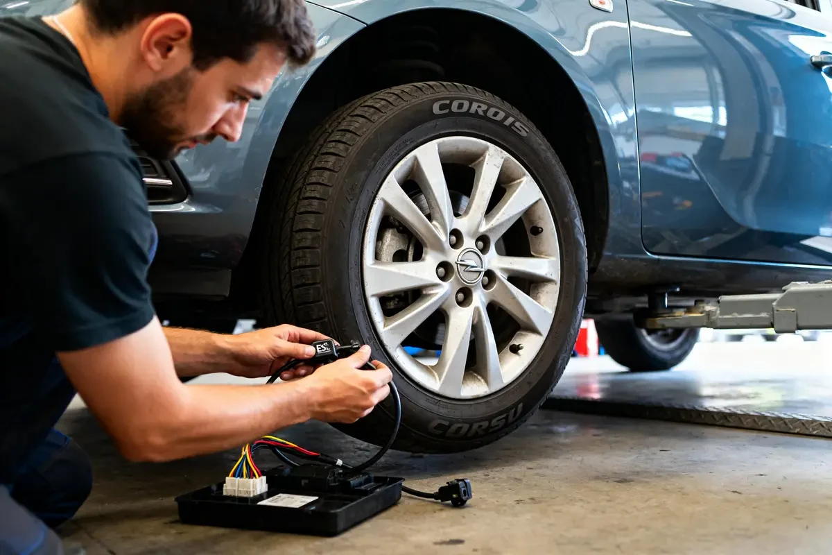 Mécanicien effectuant l'entretien du système ESC sur une roue d'Opel Corsa