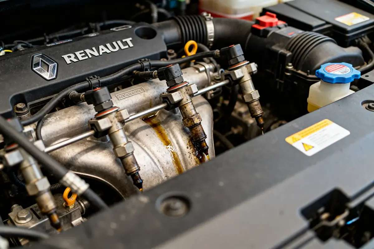 Moteur Renault avec fuite indiquant l'injection à contrôler sur Scénic